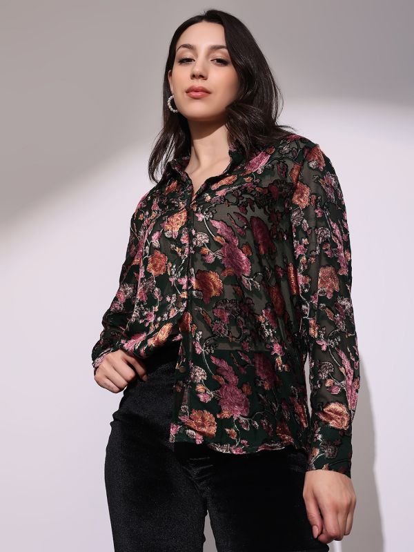 Globus Women Green Floral Self Design Collared Neck Cuffed Sleeves Curved Hem Party Shirt