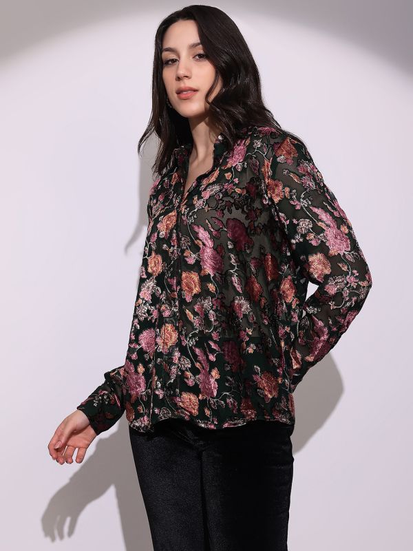 Globus Women Green Floral Self Design Collared Neck Cuffed Sleeves Curved Hem Party Shirt