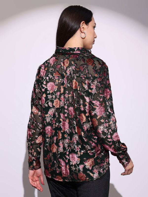 Globus Women Green Floral Self Design Collared Neck Cuffed Sleeves Curved Hem Party Shirt
