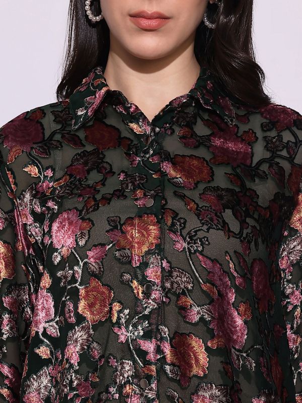 Globus Women Green Floral Self Design Collared Neck Cuffed Sleeves Curved Hem Party Shirt