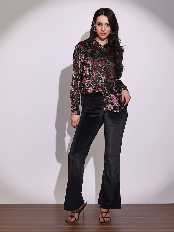 Globus Women Green Floral Self Design Collared Neck Cuffed Sleeves Curved Hem Party Shirt