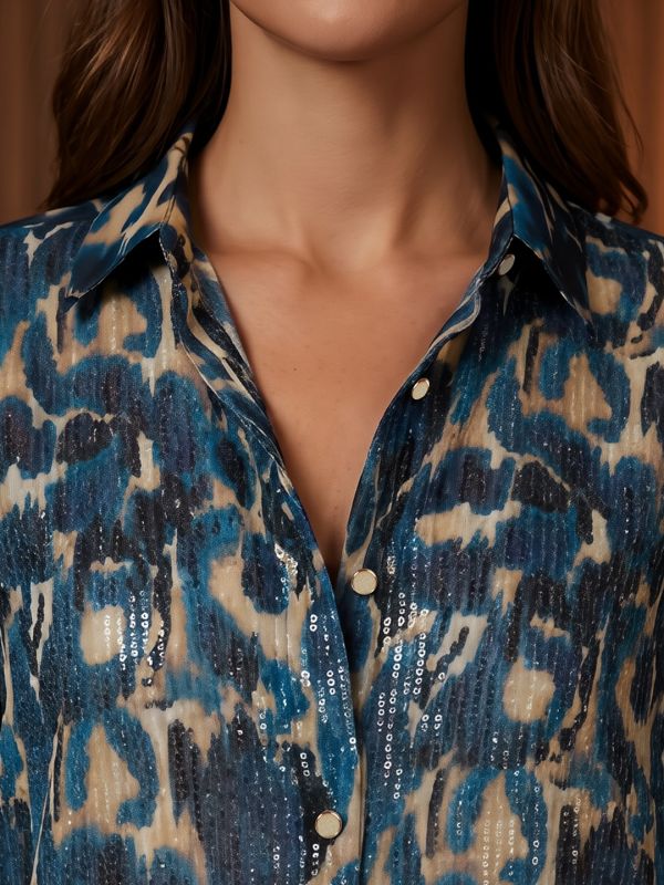 Globus Women Blue Spread Collar Abstract Print Sequinned Detail Cuffed Sleeves Oversized Georgette Party Shirt 