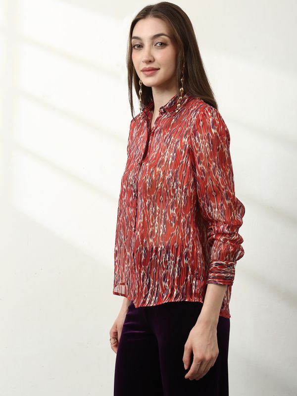 Globus Women Maroon Spread Collar Abstract Print Lurex Details Cuffed Sleeves Relaxed Fit Satin Party Shirt 