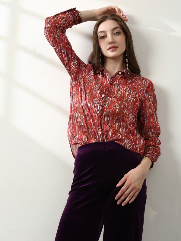 Globus Women Maroon Spread Collar Abstract Print Lurex Details Cuffed Sleeves Relaxed Fit Satin Party Shirt 