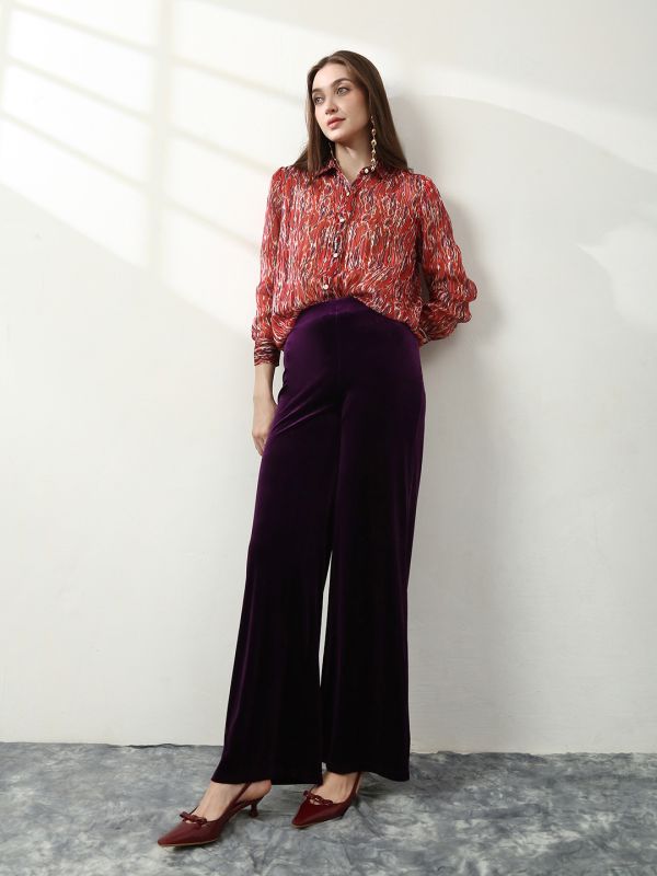 Globus Women Maroon Spread Collar Abstract Print Lurex Details Cuffed Sleeves Relaxed Fit Satin Party Shirt 