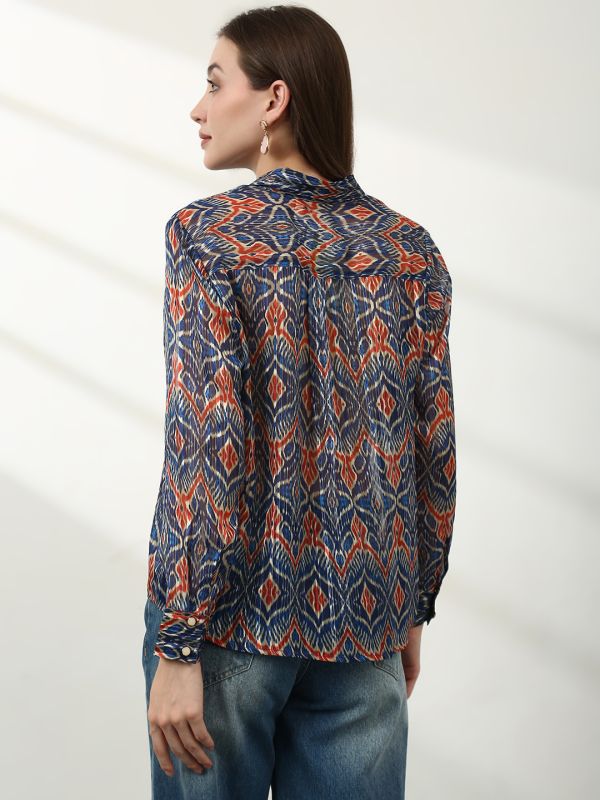 Globus Women Blue Spread Collar Ethnic Print Lurex Details Cuffed Sleeves Relaxed Fit Satin Party Shirt 
