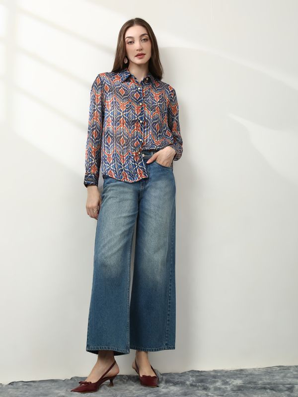 Globus Women Blue Spread Collar Ethnic Print Lurex Details Cuffed Sleeves Relaxed Fit Satin Party Shirt 