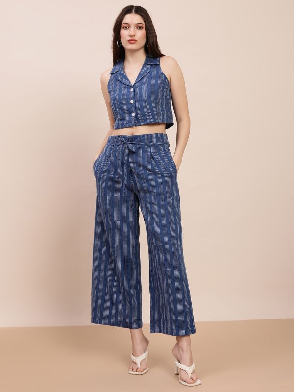 Globus Women Blue Self-Design Notched Lapel Crop Shirt & Wide Leg Trousers Workwear Co-Ord Set