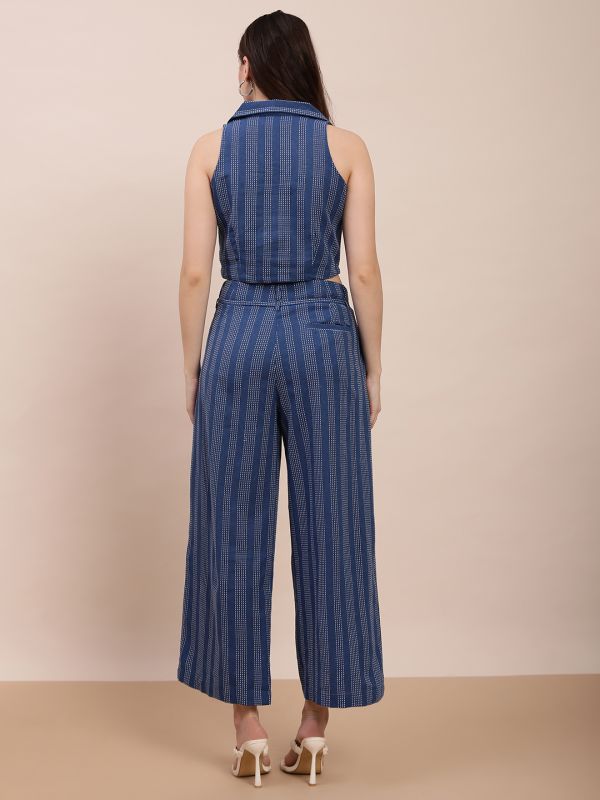 Globus Women Blue Self-Design Notched Lapel Crop Shirt & Wide Leg Trousers Workwear Co-Ord Set