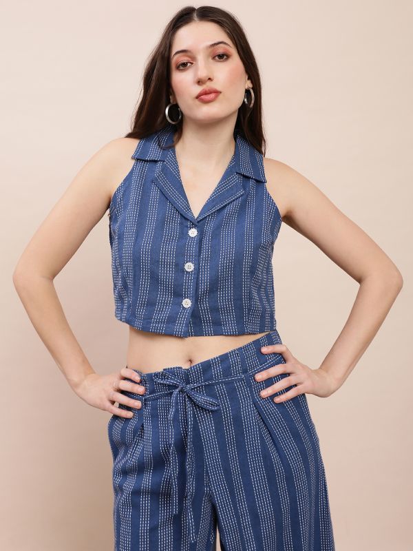 Globus Women Blue Self-Design Notched Lapel Crop Shirt & Wide Leg Trousers Workwear Co-Ord Set