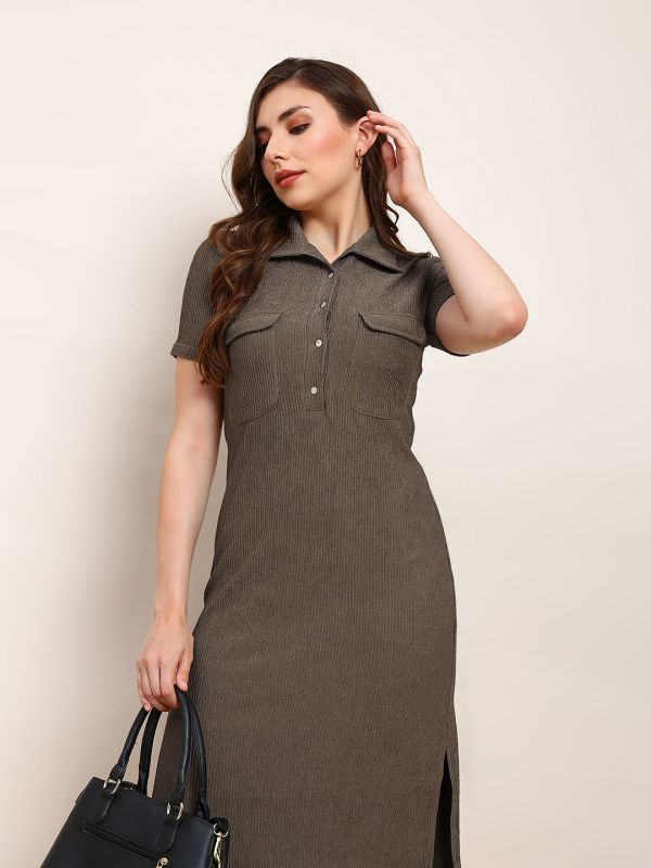 Globus Women Brown Collared Neck Short Sleeves Self Design Utility Pockets Side Slits Midi Workwear Shirt Dress