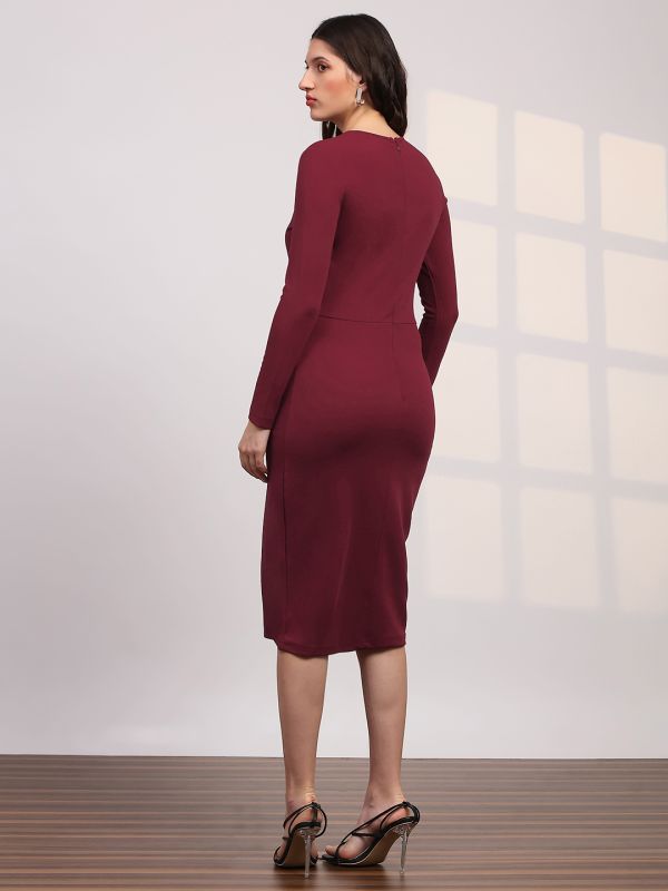 Globus Women Maroon Round Neck Long Sleeves Twisted Detail Midi Bodycon Workwear Dress