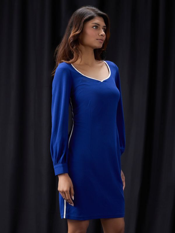 Globus Women Blue Sweetheart Neck Cuffed Sleeves Self Design Mini Sheath Workwear Dress