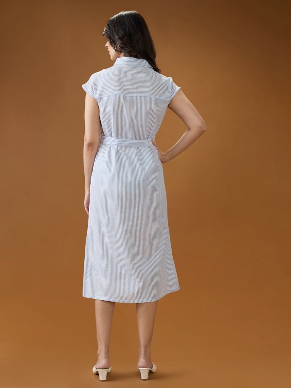 Globus Women Blue Collared Neck Extended Sleeves Striped Midi Workwear Shirt Dress With Belt
