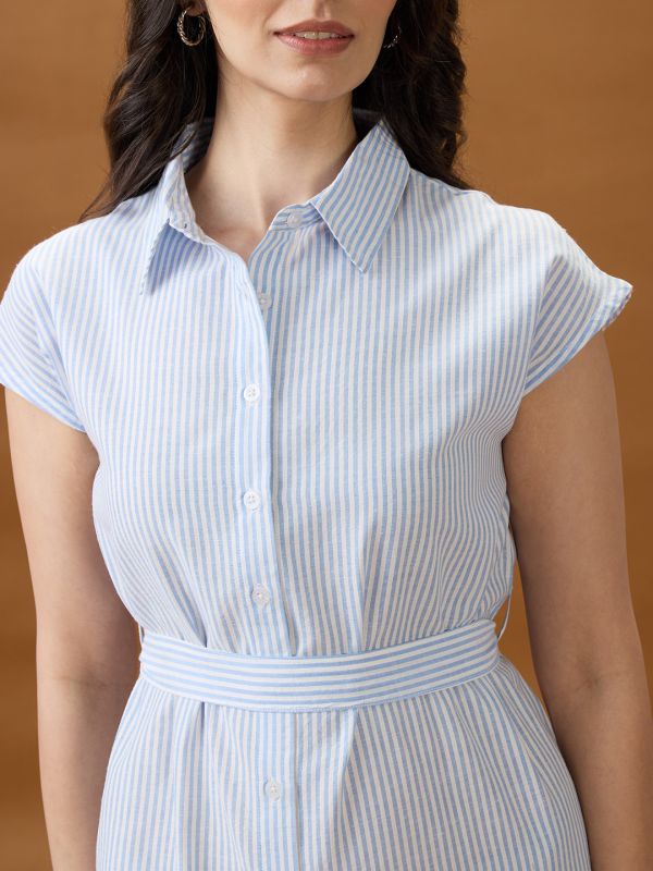 Globus Women Blue Collared Neck Extended Sleeves Striped Midi Workwear Shirt Dress With Belt