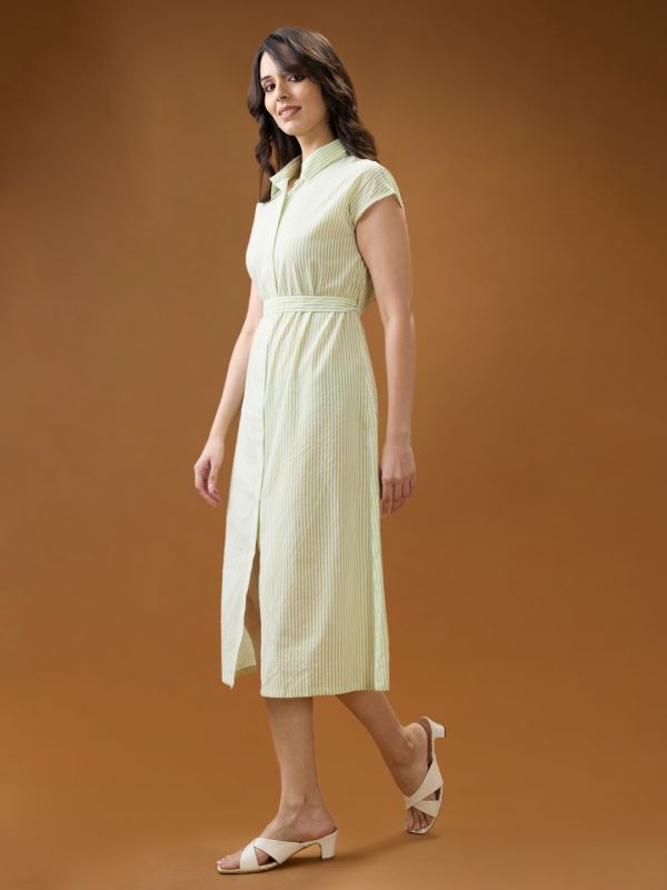 Globus Women Green Collared Neck Extended Sleeves Striped Midi Workwear Shirt Dress With Belt