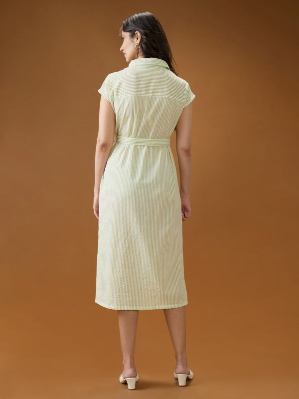 Globus Women Green Collared Neck Extended Sleeves Striped Midi Workwear Shirt Dress With Belt