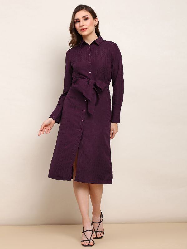 Globus Women Burgundy Collared Neck Cuffed Sleeves Self Design Waist Tie-Ups Midi Workwear Shirt Style Dress