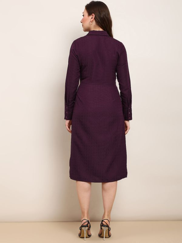 Globus Women Burgundy Collared Neck Cuffed Sleeves Self Design Waist Tie-Ups Midi Workwear Shirt Style Dress