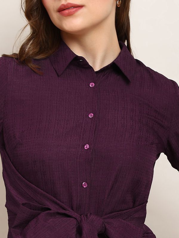 Globus Women Burgundy Collared Neck Cuffed Sleeves Self Design Waist Tie-Ups Midi Workwear Shirt Style Dress