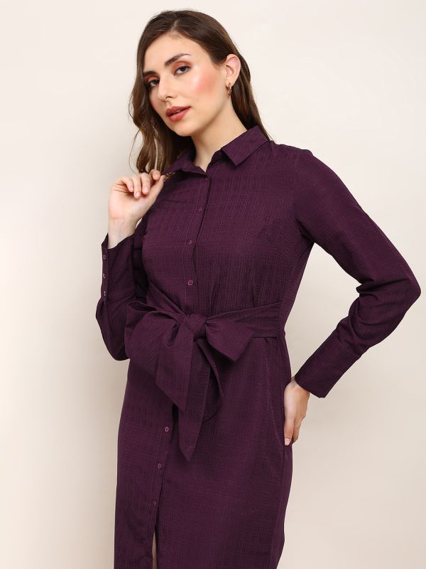 Globus Women Burgundy Collared Neck Cuffed Sleeves Self Design Waist Tie-Ups Midi Workwear Shirt Style Dress