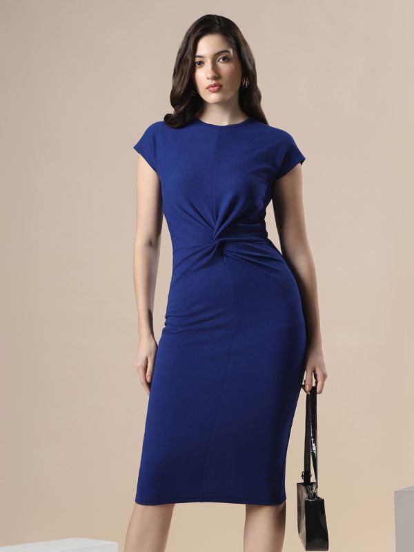 Globus Women Round Neck Extended Sleeve Twisted Detail Midi Bodycon Party Dress