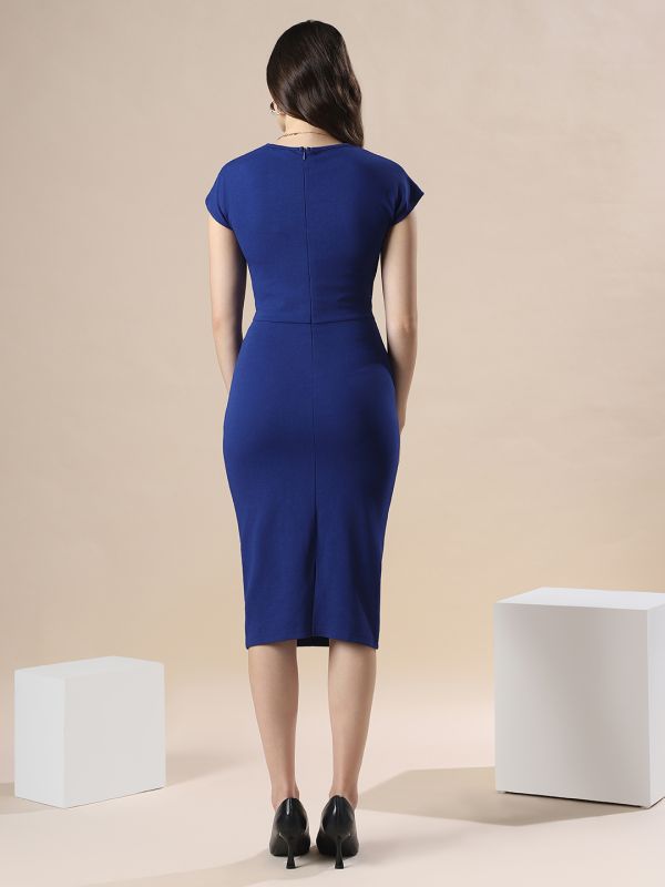 Globus Women Round Neck Extended Sleeve Twisted Detail Midi Bodycon Party Dress