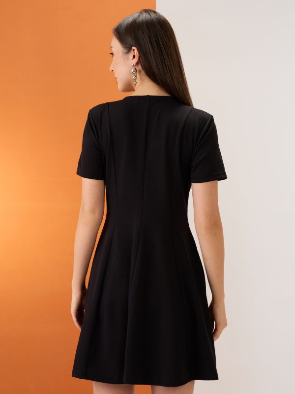 Globus Women Black V-Neck Hong Button Double Breasted Flared Hem Mini Workwear Wrap Blazer Dress