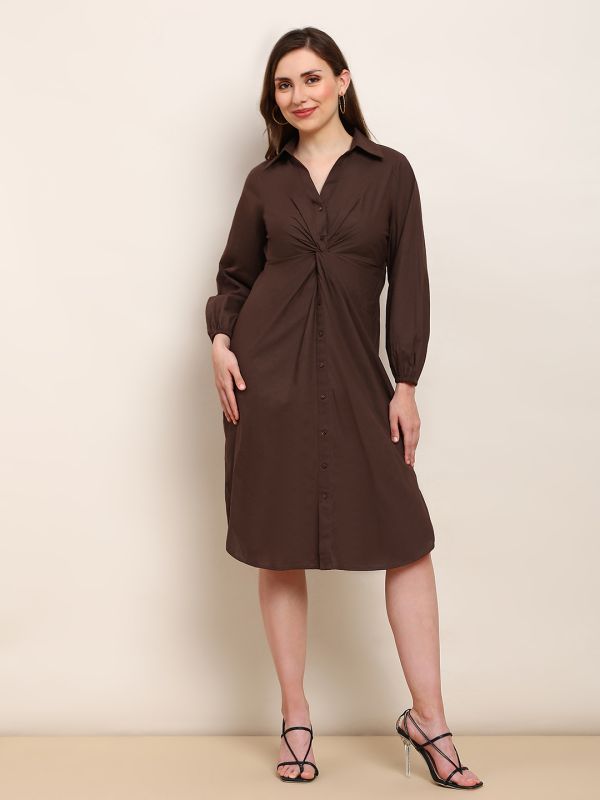Globus Women Brown Collared Neck Bishop Sleeves Curved Hem Twist Knot Detail Midi Workwear Shirt Style Dress
