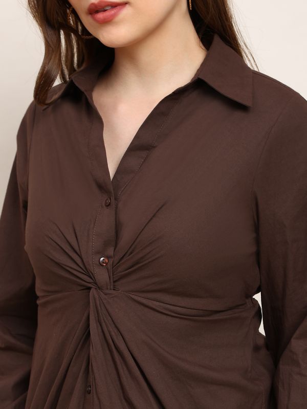 Globus Women Brown Collared Neck Bishop Sleeves Curved Hem Twist Knot Detail Midi Workwear Shirt Style Dress