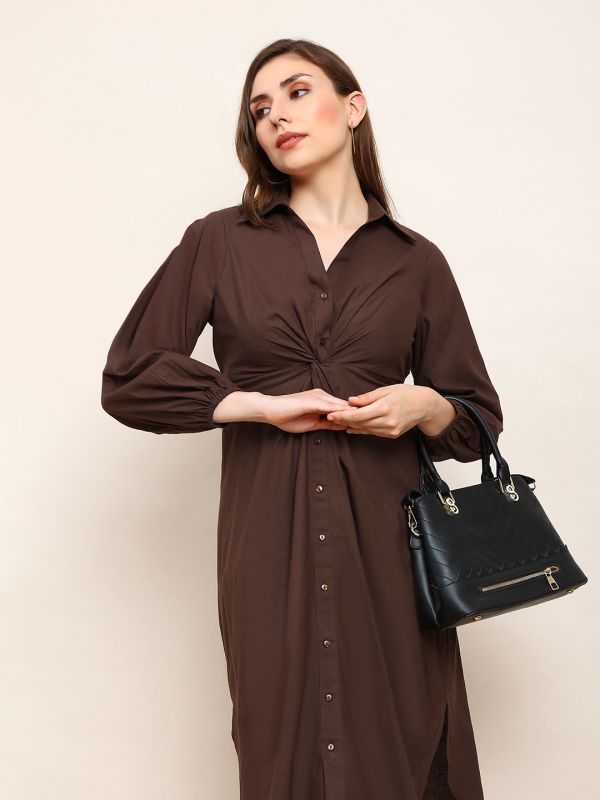Globus Women Brown Collared Neck Bishop Sleeves Curved Hem Twist Knot Detail Midi Workwear Shirt Style Dress