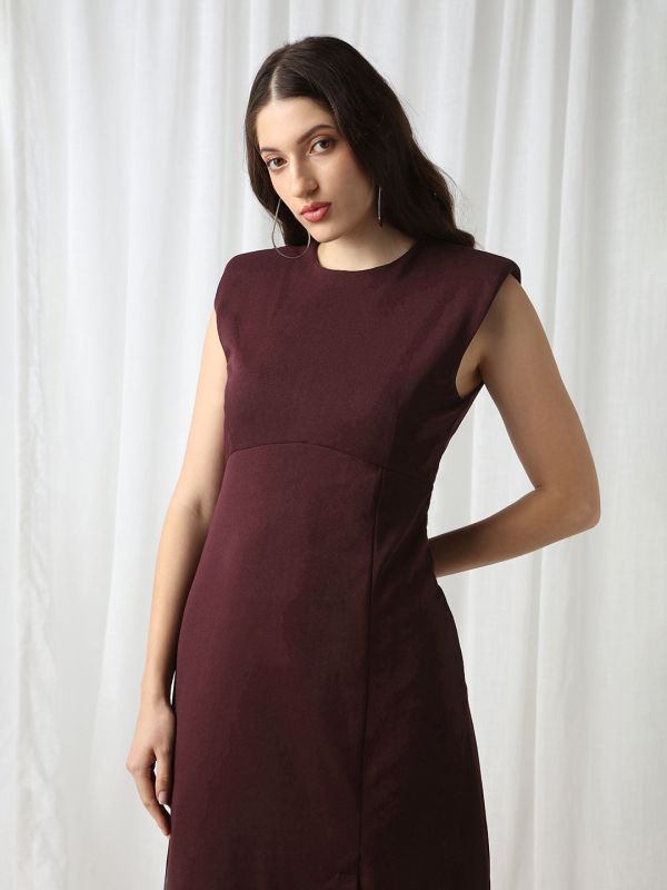 Globus Women Wine Round Neck Shoulder Pads Self Design Mini Workwear Sheath Dress