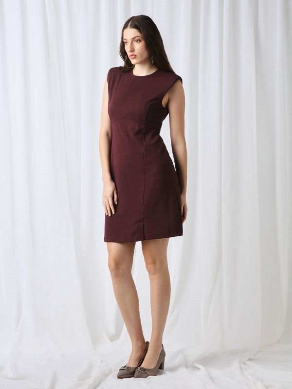 Globus Women Wine Round Neck Shoulder Pads Self Design Mini Workwear Sheath Dress