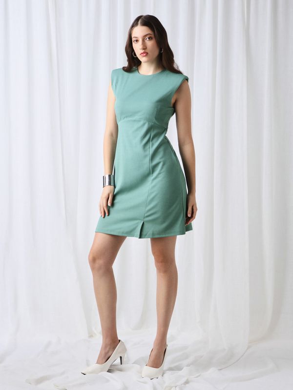 Globus Women Green Round Neck Shoulder Pads Self Design Mini Workwear Sheath Dress