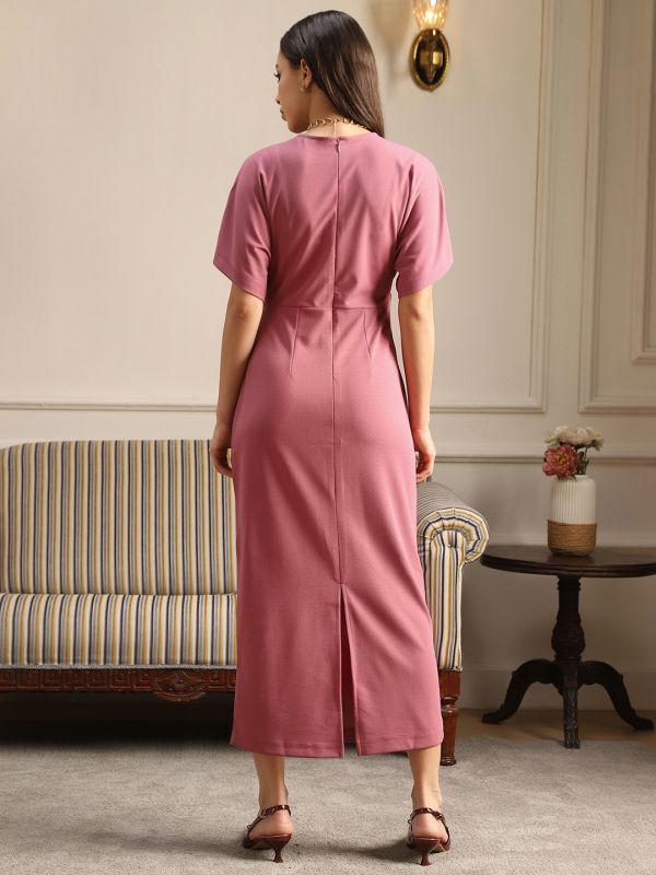 Globus Women Pink Round Neck Extended Sleeves Pleated Midi Bodycon Workwear Dress
