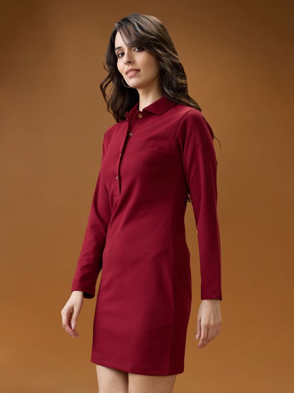Globus Women Maroon Shirt Collar Long Sleeves Solid Mini Bodycon Workwear Dress