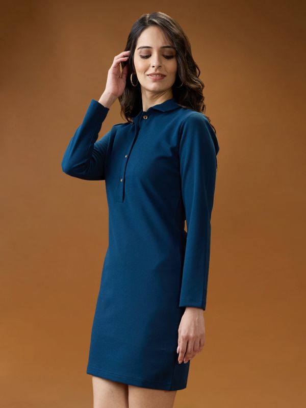 Globus Women Blue Shirt Collar Long Sleeves Solid Mini Bodycon Workwear Dress