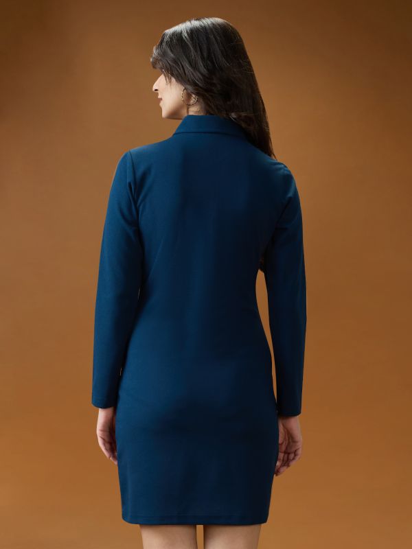 Globus Women Blue Shirt Collar Long Sleeves Solid Mini Bodycon Workwear Dress