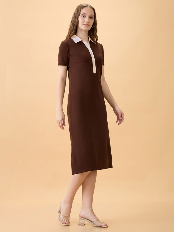 Globus Women Brown Collared Neck Short Sleeves Self Design Side Slits Midi Workwear Shirt Dress