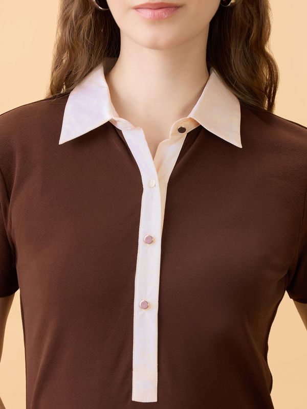 Globus Women Brown Collared Neck Short Sleeves Self Design Side Slits Midi Workwear Shirt Dress