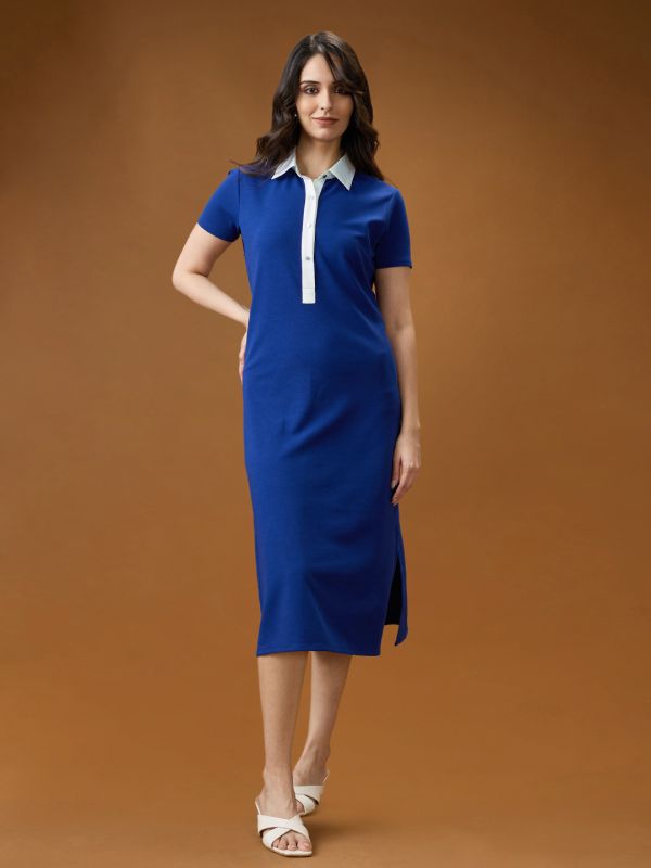 Globus Women Blue Collared Neck Short Sleeves Solid Side Slits Midi Workwear Shirt Dress