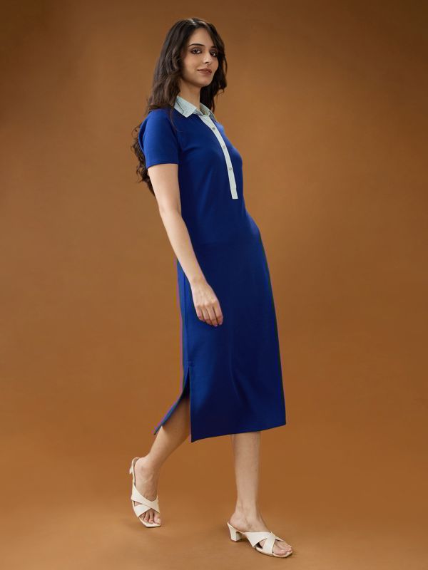 Globus Women Blue Collared Neck Short Sleeves Solid Side Slits Midi Workwear Shirt Dress