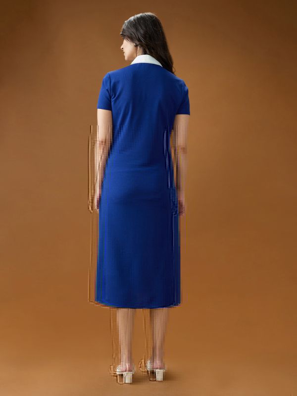 Globus Women Blue Collared Neck Short Sleeves Solid Side Slits Midi Workwear Shirt Dress