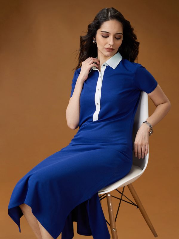 Globus Women Blue Collared Neck Short Sleeves Solid Side Slits Midi Workwear Shirt Dress