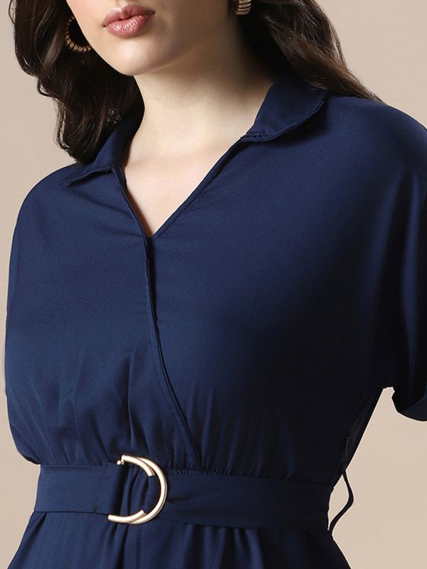 Globus Women Navy V-Neck Extended Sleeve Belted Detail Fit & Flare Work Wear Midi Dress