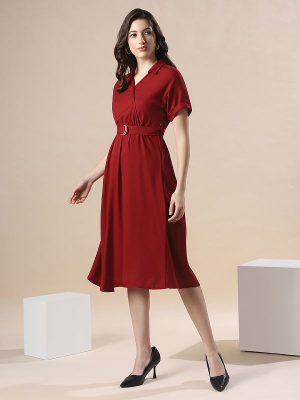 Globus Women Maroon V-Neck Extended Sleeve Belted Detail Fit & Flare Work Wear Midi Dress