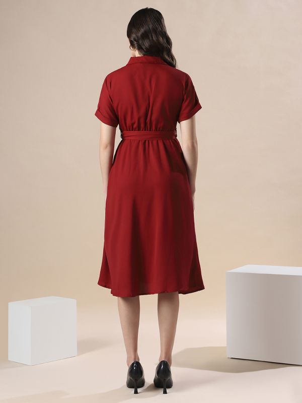 Globus Women Maroon V-Neck Extended Sleeve Belted Detail Fit & Flare Work Wear Midi Dress