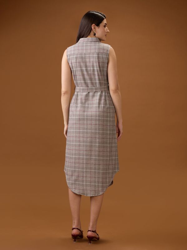 Globus Women Brown Collared Neck Sleeveless Checkered Curved Hem Midi Shirt Style Dress With Belt