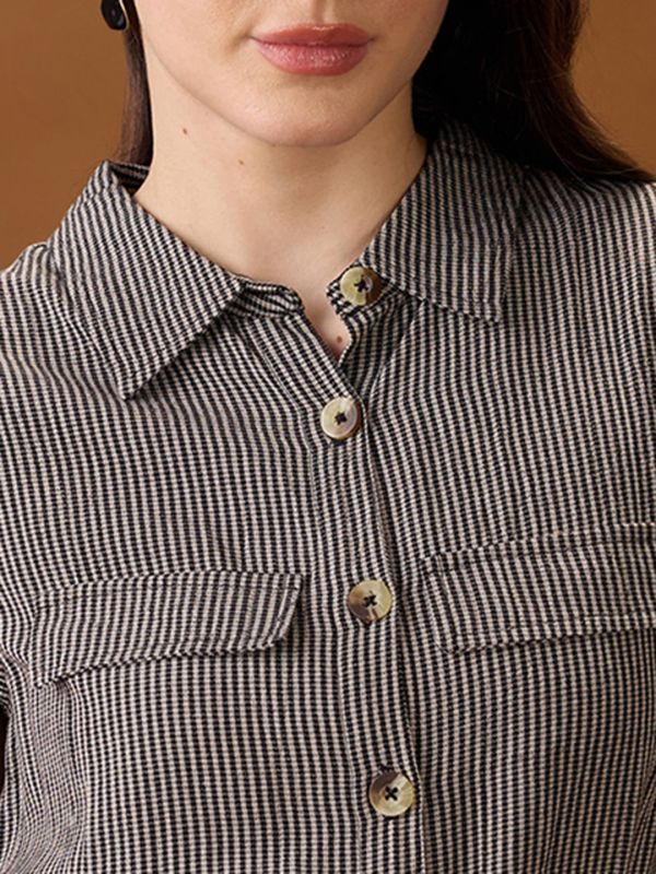 Globus Women Black Collared Neck Sleeveless Checkered Curved Hem Midi Shirt Style Dress With Belt