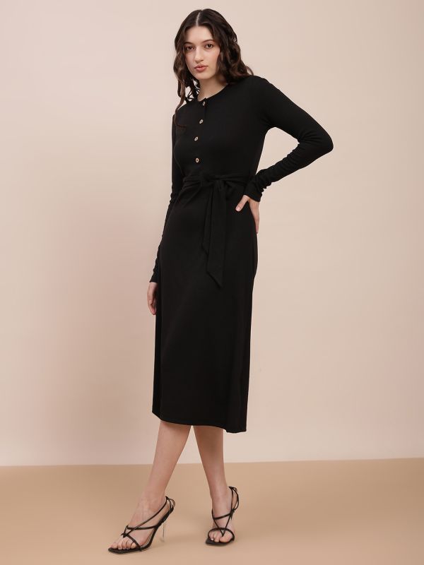 Globus Women Black Self-Design Rib Round Neck Long Sleeves Belted A-Line Midi Dress